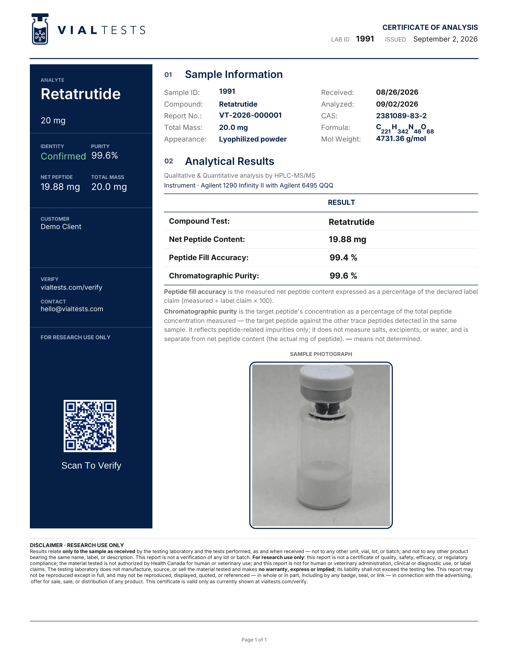 VialTests demo Certificate of Analysis for Retatrutide